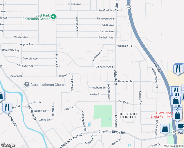 map of restaurants, bars, coffee shops, grocery stores, and more near 653 University Avenue in Elyria