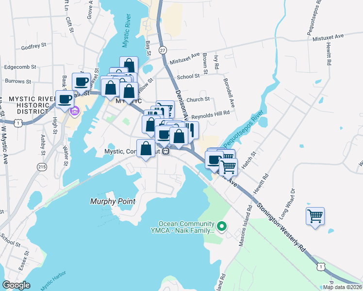 map of restaurants, bars, coffee shops, grocery stores, and more near 18 Lincoln Avenue in Stonington