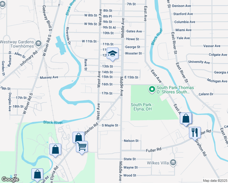 map of restaurants, bars, coffee shops, grocery stores, and more near 321 17th Street in Elyria