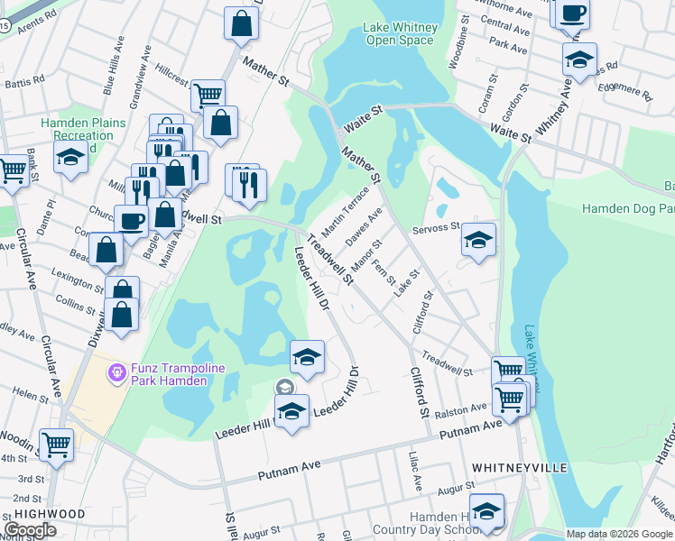 map of restaurants, bars, coffee shops, grocery stores, and more near 91 Dawes Avenue in Hamden