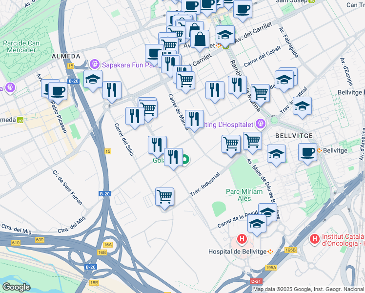 map of restaurants, bars, coffee shops, grocery stores, and more near 219 Carretera del Mig in L'Hospitalet de Llobregat