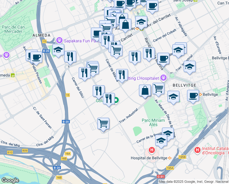 map of restaurants, bars, coffee shops, grocery stores, and more near 219 Carretera del Mig in L'Hospitalet de Llobregat