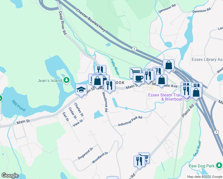 map of restaurants, bars, coffee shops, grocery stores, and more near 3 Main Street in Essex