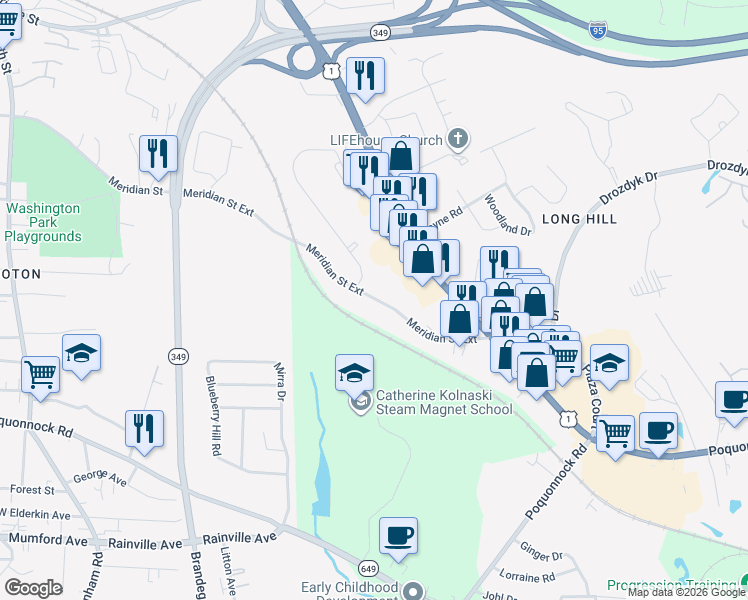 map of restaurants, bars, coffee shops, grocery stores, and more near 600 Meridian Street Extension in Groton