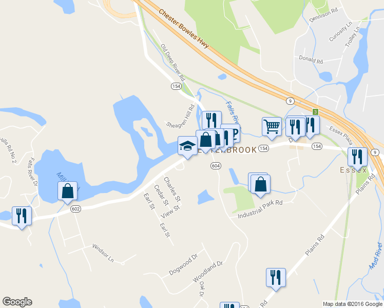 map of restaurants, bars, coffee shops, grocery stores, and more near 73 Main Street in Essex