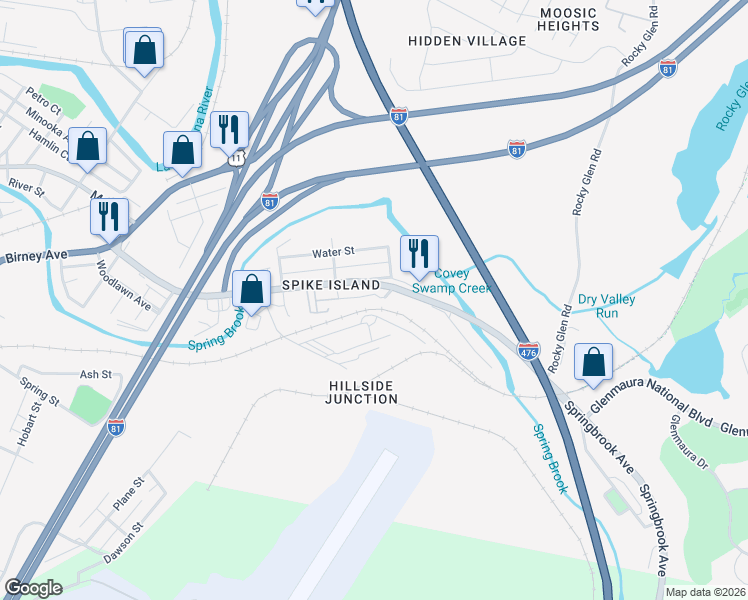 map of restaurants, bars, coffee shops, grocery stores, and more near 1133 Springbrook Ave in Moosic