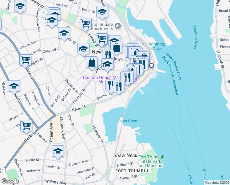 map of restaurants, bars, coffee shops, grocery stores, and more near 11 Blinman Street in New London