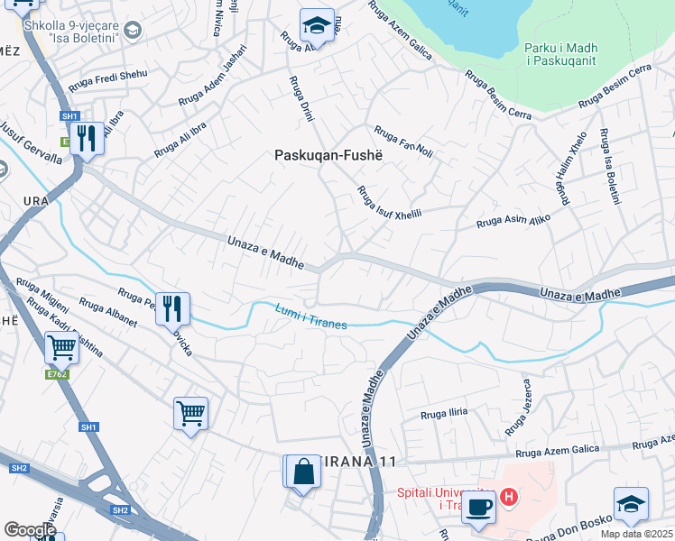 map of restaurants, bars, coffee shops, grocery stores, and more near Rruga Donika Kastrioti in Tirana