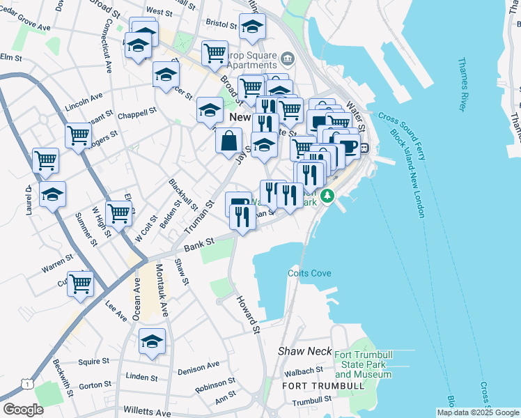 map of restaurants, bars, coffee shops, grocery stores, and more near 25 Brewer Street in New London