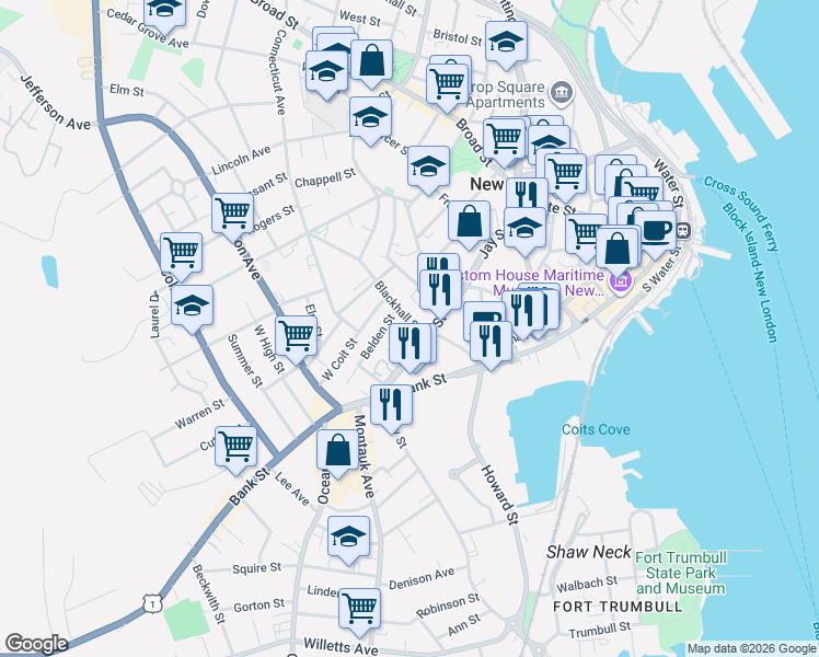 map of restaurants, bars, coffee shops, grocery stores, and more near 23 Blackhall Street in New London