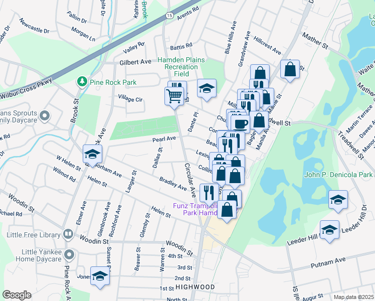 map of restaurants, bars, coffee shops, grocery stores, and more near 214 Circular Avenue in Hamden