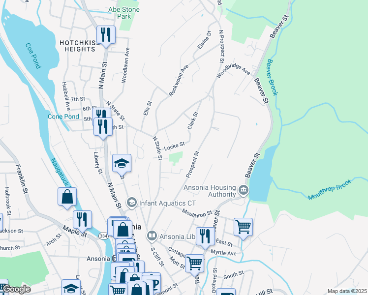 map of restaurants, bars, coffee shops, grocery stores, and more near 51 Locke Street in Ansonia