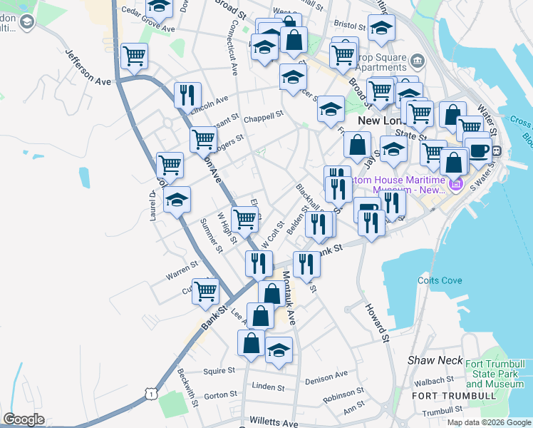 map of restaurants, bars, coffee shops, grocery stores, and more near 11 Grand Street in New London