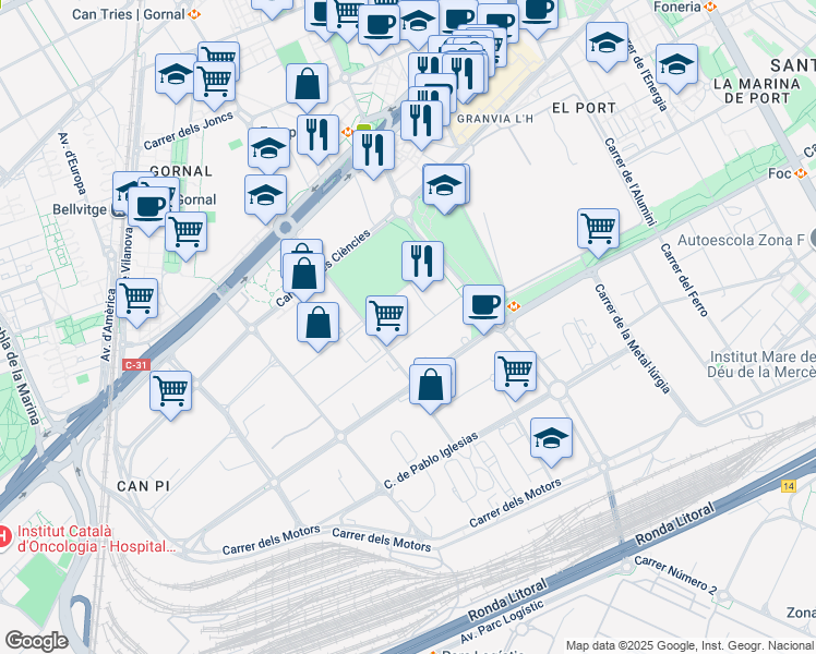 map of restaurants, bars, coffee shops, grocery stores, and more near 22 Calle de Montserrat Roig in L'Hospitalet de Llobregat