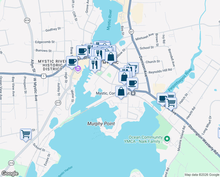 map of restaurants, bars, coffee shops, grocery stores, and more near 17 Washington Street in Stonington