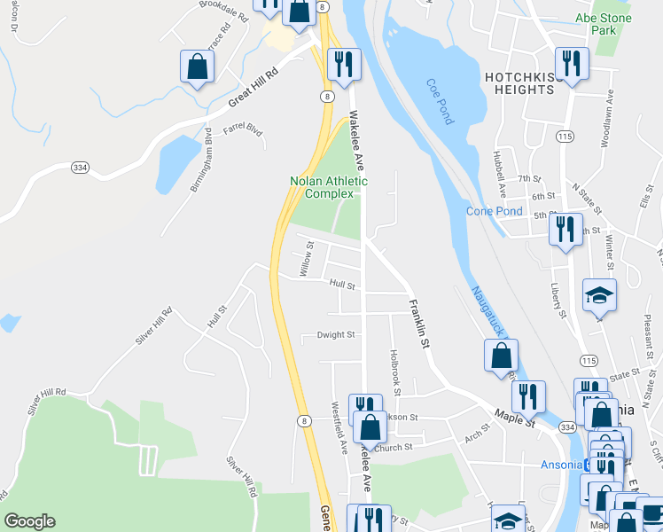 map of restaurants, bars, coffee shops, grocery stores, and more near 27 Nichols Street in Ansonia