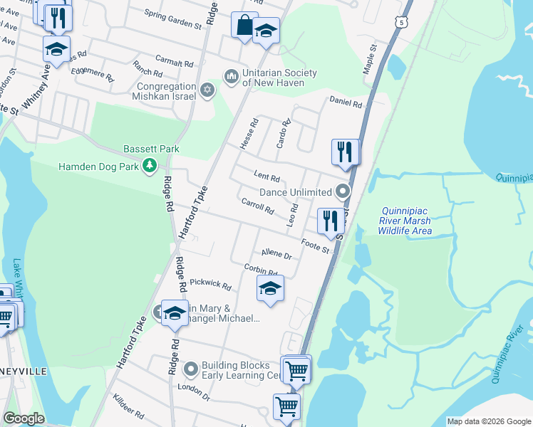 map of restaurants, bars, coffee shops, grocery stores, and more near 49 Carroll Road in Hamden