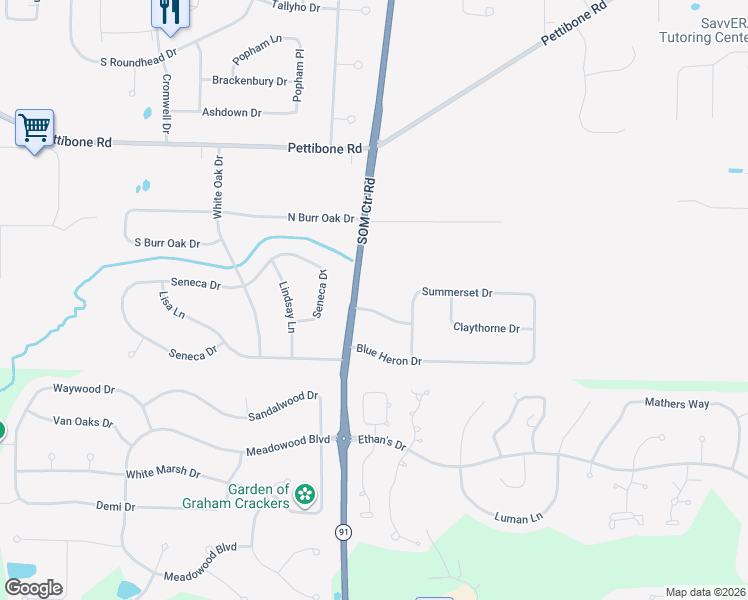 map of restaurants, bars, coffee shops, grocery stores, and more near 7610 Ohio 91 in Solon