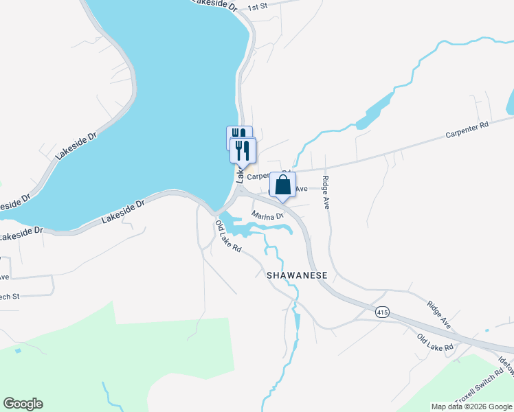 map of restaurants, bars, coffee shops, grocery stores, and more near 43 Marina Drive in Harveys Lake