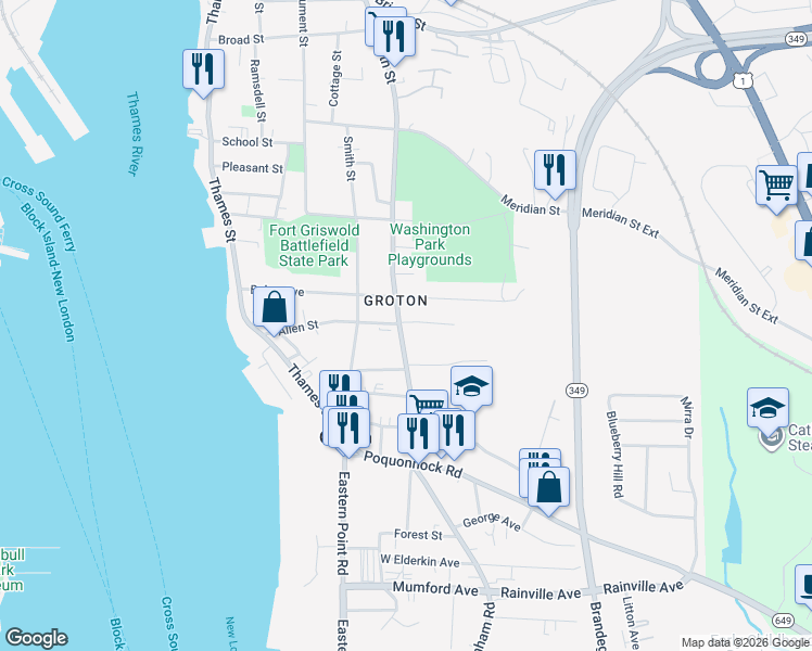 map of restaurants, bars, coffee shops, grocery stores, and more near in Groton