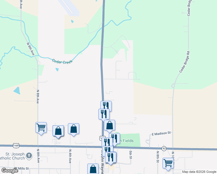 map of restaurants, bars, coffee shops, grocery stores, and more near 1921 North 1st Street in Winterset