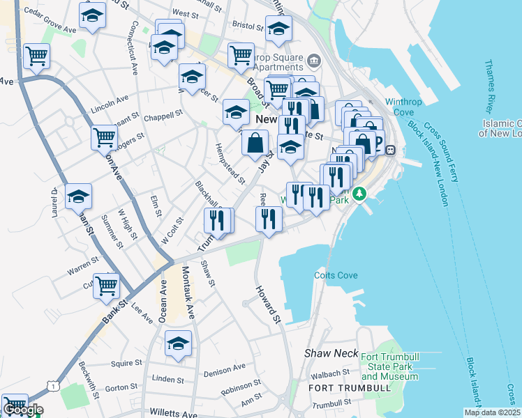 map of restaurants, bars, coffee shops, grocery stores, and more near 38 Coit Street in New London