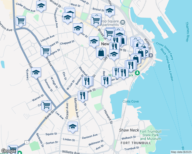 map of restaurants, bars, coffee shops, grocery stores, and more near 101 Truman Street in New London