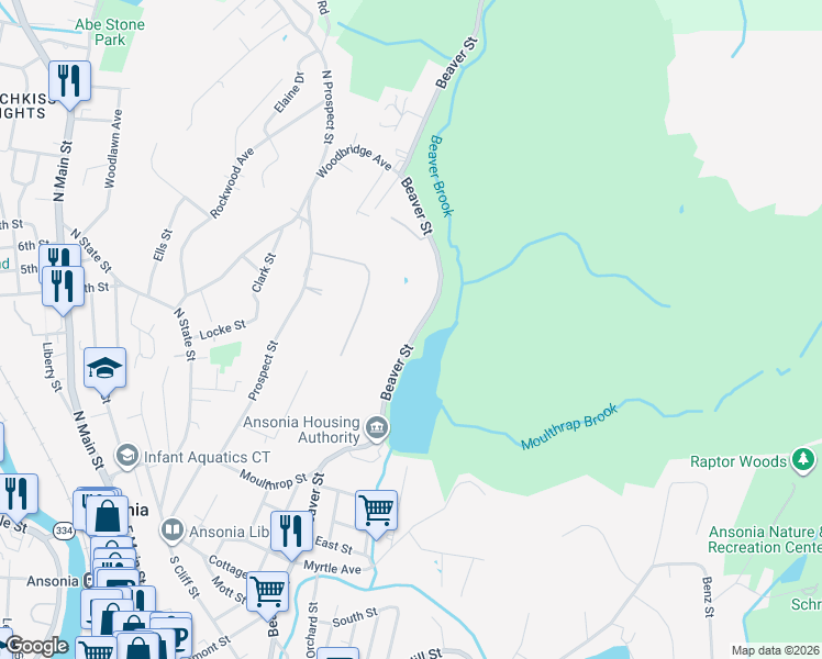 map of restaurants, bars, coffee shops, grocery stores, and more near 375 Beaver Street in Ansonia