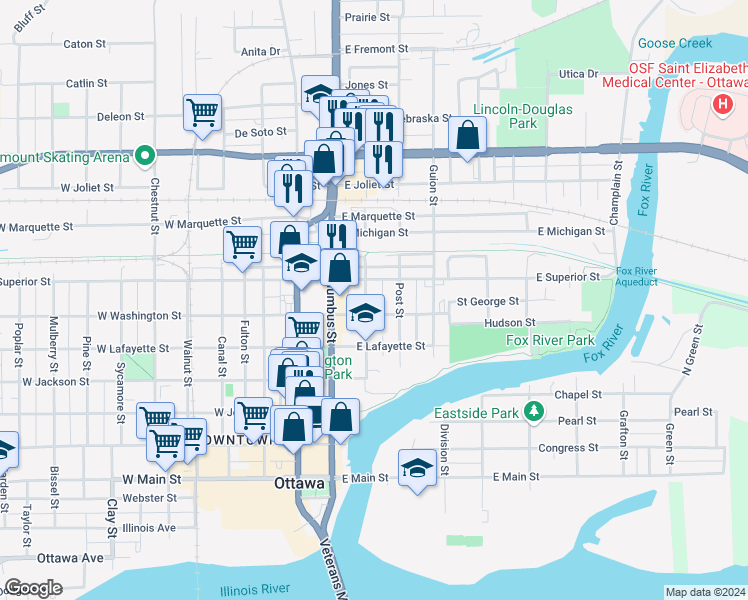 map of restaurants, bars, coffee shops, grocery stores, and more near 213 East Superior Street in Ottawa