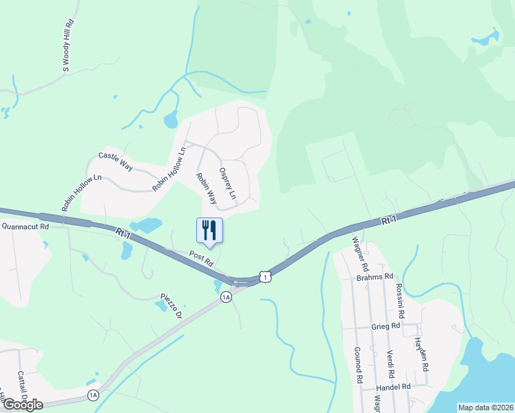 map of restaurants, bars, coffee shops, grocery stores, and more near 29 Robin Way in Westerly