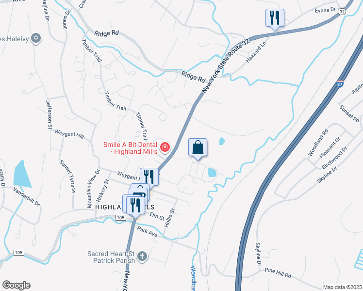 map of restaurants, bars, coffee shops, grocery stores, and more near 594 New York 32 in Woodbury