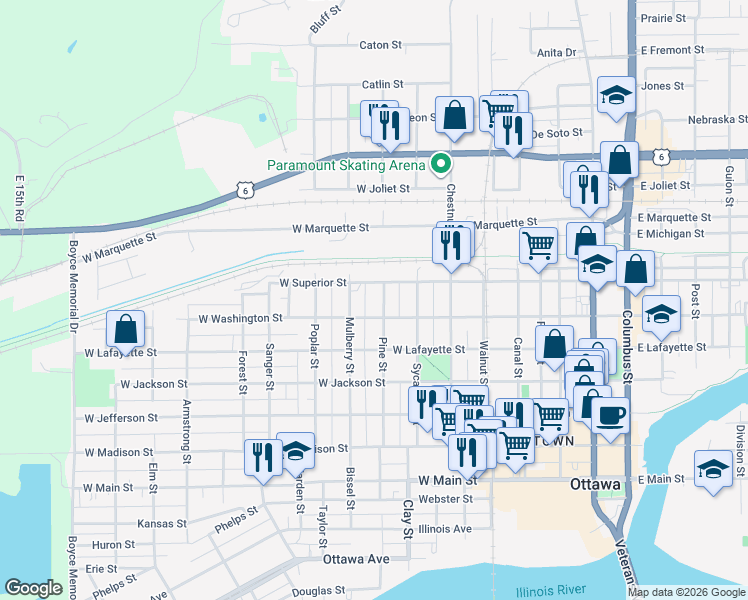 map of restaurants, bars, coffee shops, grocery stores, and more near 815 West Superior Street in Ottawa