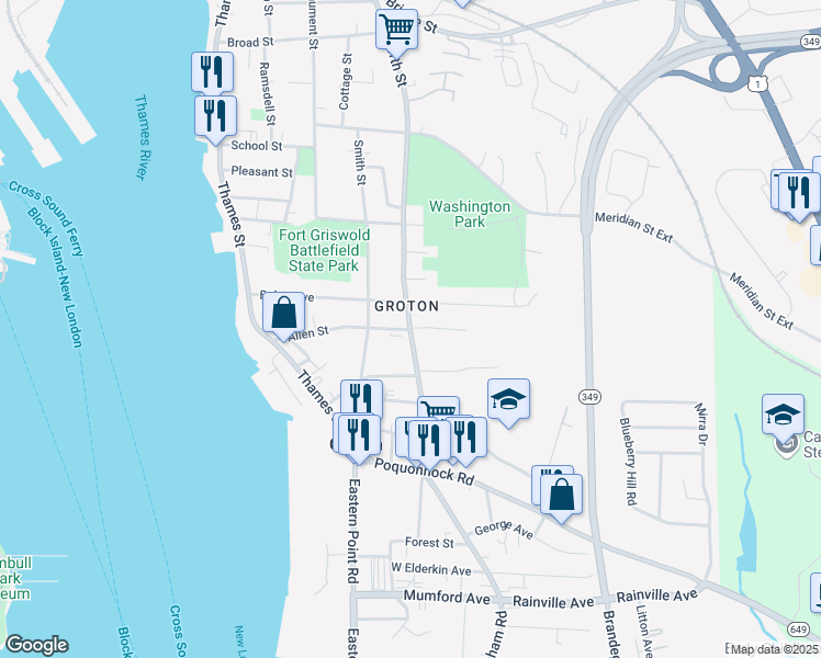 map of restaurants, bars, coffee shops, grocery stores, and more near Mitchell Street & Allen Street in Groton