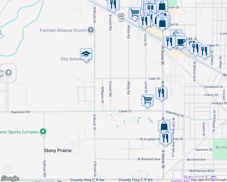 map of restaurants, bars, coffee shops, grocery stores, and more near 529 Everett Road in Fremont