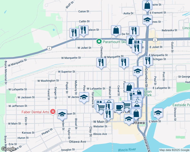 map of restaurants, bars, coffee shops, grocery stores, and more near 617 West Superior Street in Ottawa