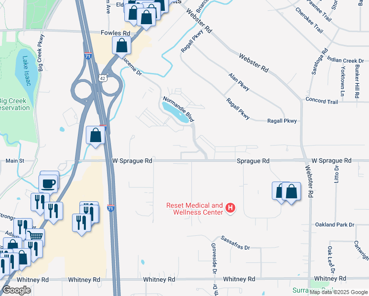 map of restaurants, bars, coffee shops, grocery stores, and more near 7852 Normandie Boulevard in Cleveland