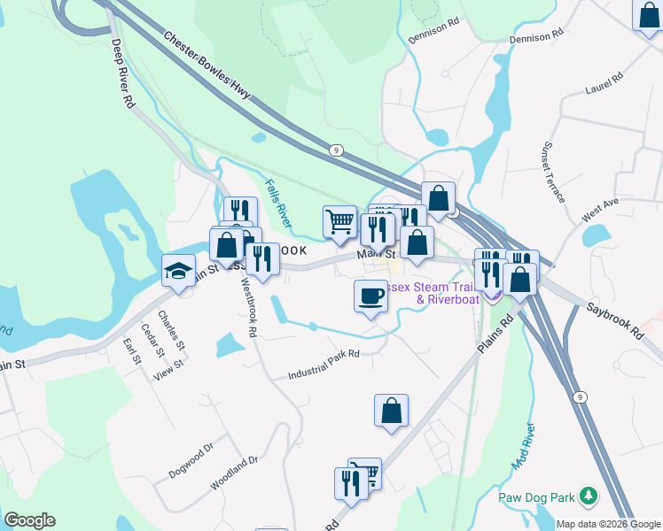 map of restaurants, bars, coffee shops, grocery stores, and more near 31 Main Street in Essex