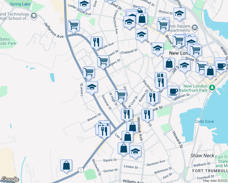 map of restaurants, bars, coffee shops, grocery stores, and more near 11 Redden Avenue in New London