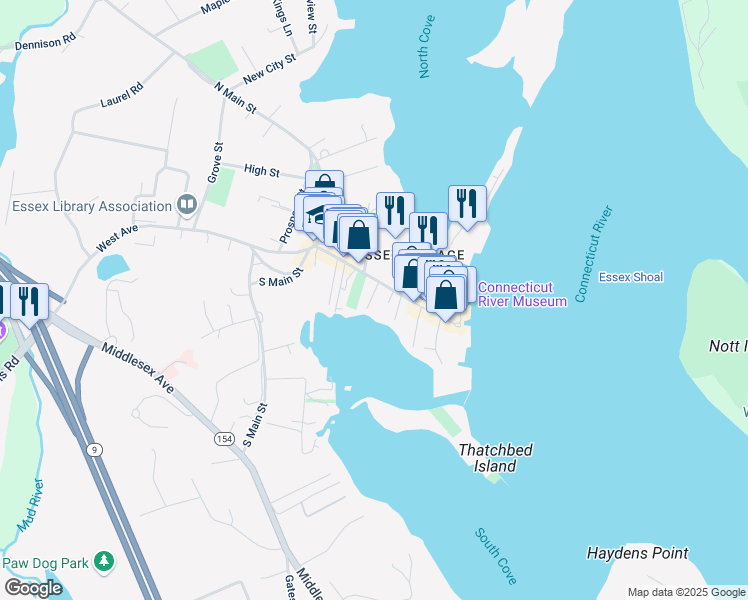 map of restaurants, bars, coffee shops, grocery stores, and more near 24 Main Street in Essex