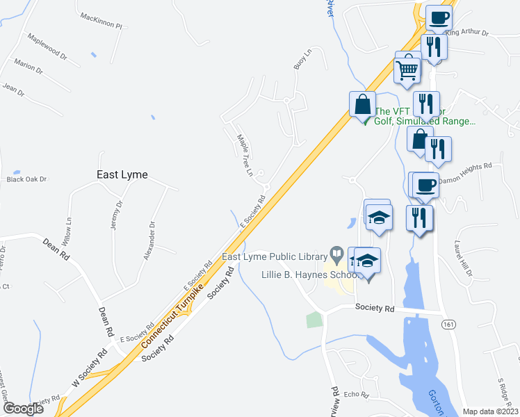 map of restaurants, bars, coffee shops, grocery stores, and more near 99 East Society Road in East Lyme