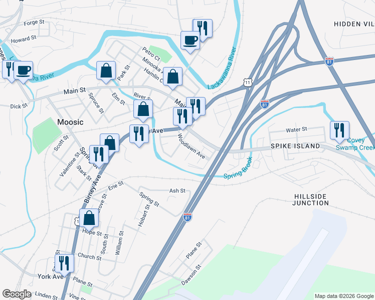map of restaurants, bars, coffee shops, grocery stores, and more near 825 Woodlawn Ave in Moosic