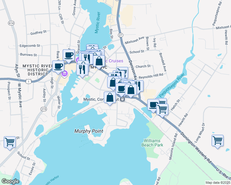 map of restaurants, bars, coffee shops, grocery stores, and more near 31 Broadway Avenue in Stonington