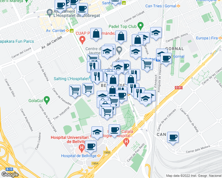 map of restaurants, bars, coffee shops, grocery stores, and more near Rambla de la Marina in Hospitalet de Llobregat