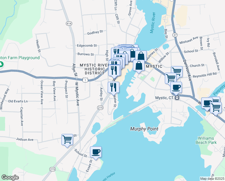 map of restaurants, bars, coffee shops, grocery stores, and more near 54 West Main Street in Groton