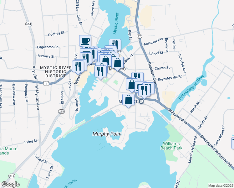 map of restaurants, bars, coffee shops, grocery stores, and more near 17 Washington Street in Stonington
