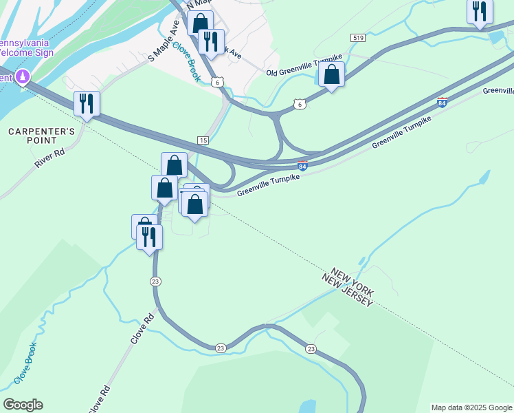 map of restaurants, bars, coffee shops, grocery stores, and more near 2247 Greenville Turnpike in Port Jervis