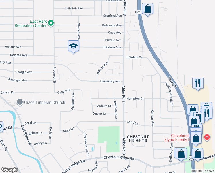 map of restaurants, bars, coffee shops, grocery stores, and more near 739 University Avenue in Elyria