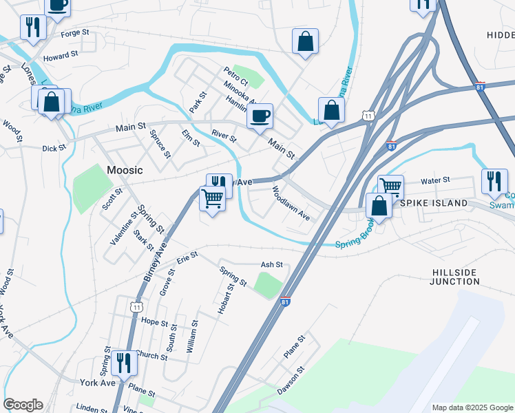 map of restaurants, bars, coffee shops, grocery stores, and more near 711 Edgebrook Dr in Moosic