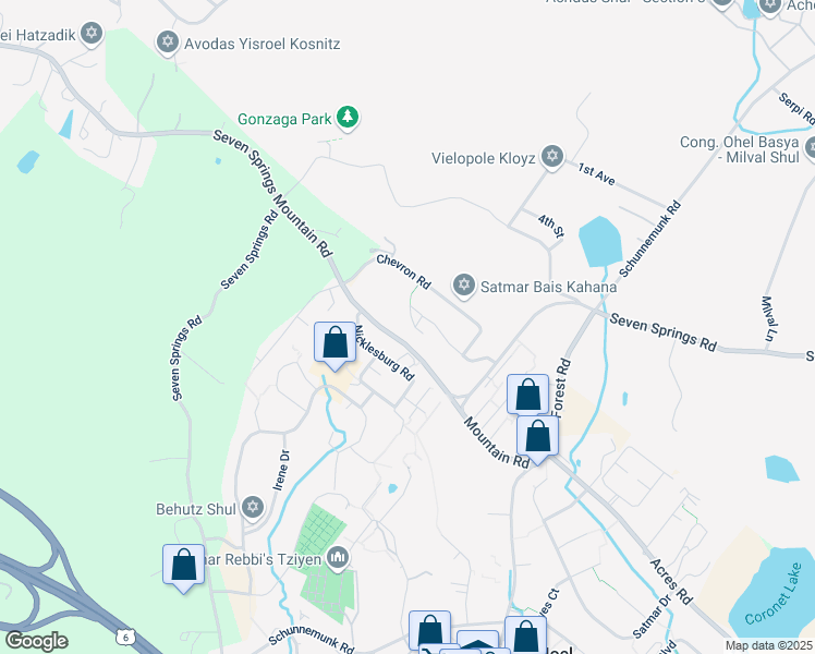 map of restaurants, bars, coffee shops, grocery stores, and more near 18 Rovna Court in Kiryas Joel