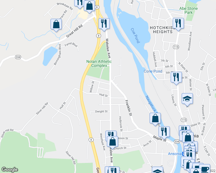 map of restaurants, bars, coffee shops, grocery stores, and more near 303 Wakelee Avenue in Ansonia